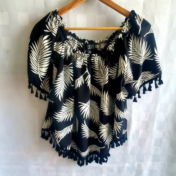 Women's Off Shoulder Boho Top Blouse Fringed Tropical ARTIZAN by Robin Barre - Picture 2 of 8